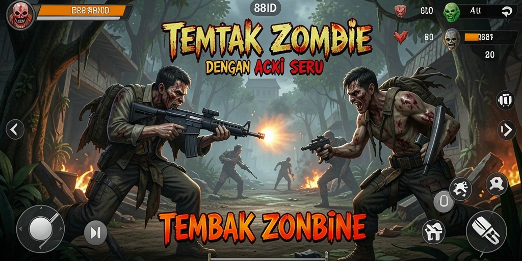 Tampilan antarmuka 88ID dengan aksi menembak zombie yang seru.