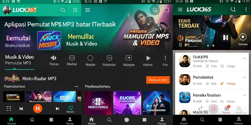 Antarmuka aplikasi LUCK365 menampilkan fitur Pemutar MP3 yang menarik.