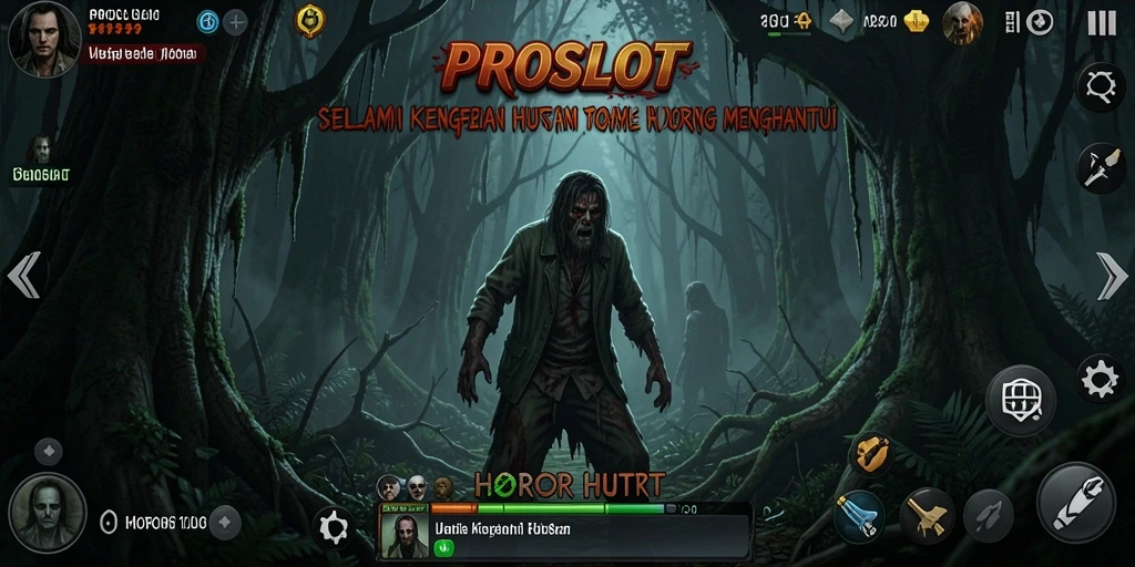 Antarmuka menegangkan dari game Horor Hutan PROSLOT dengan efek suara yang mendebarkan.